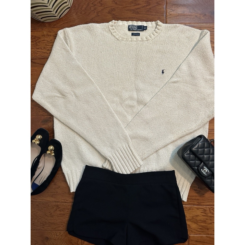 Vintage Polo Ralph Lauren Unisex XXL Chunky Knit Cotton Sweater Cream Off White